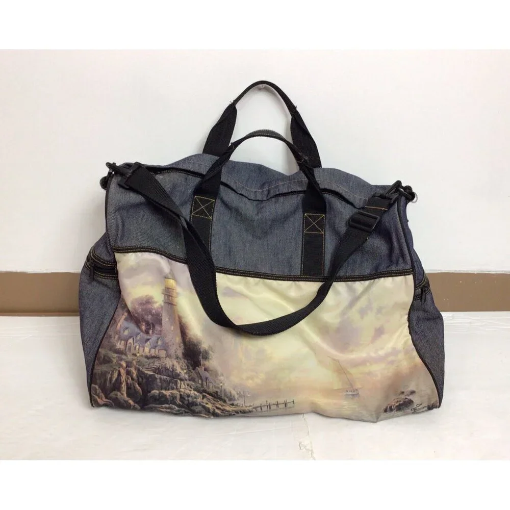 Thomas Kinkade Lighthouse Denim Duffel Travel Tote Bag